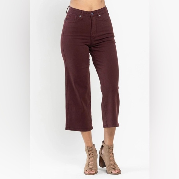 Judy Blue Pants - Judy blue high waist tummy control wide leg crop jeans oxblood 88752 size 7/28